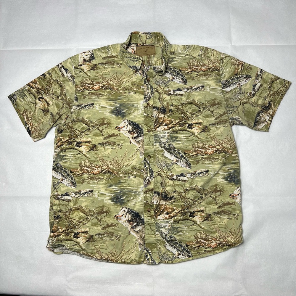 North River Mens Big Mouth Bass Fish Print All Over Button Up Shirt